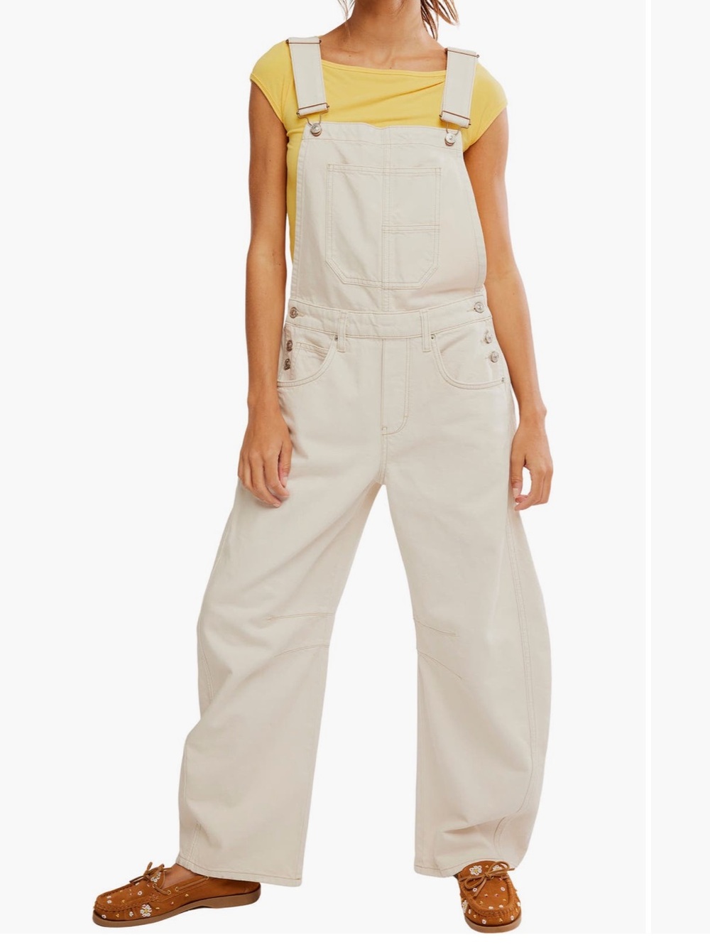 New with tags Free People We The Free Good Luck barrel leg cream denim overalls